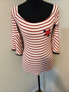 Striped Red & White Ribbed Bodysuit with Rose Embroidery